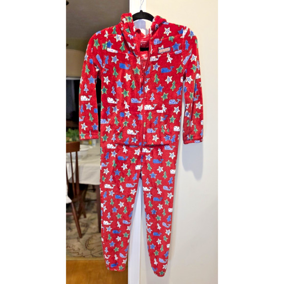 Vineyard Vines Martha’s Vineyard Red Fleece Hooded One-Piece Pajama M Xmas Tree - Picture 1 of 7